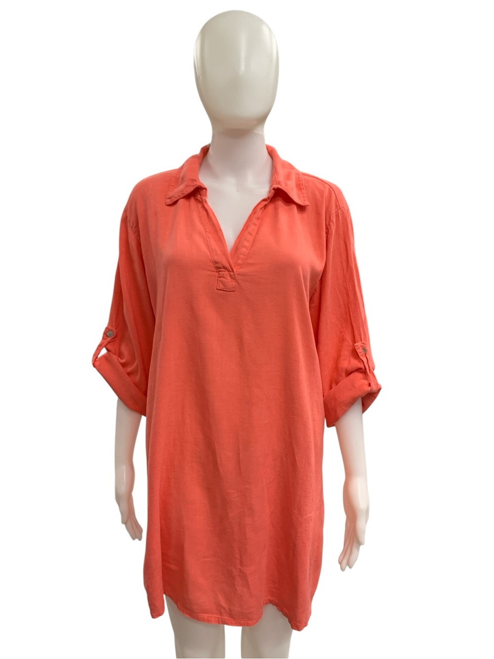 Relaxed Coral Roll-Tab Tunic with V-Neck